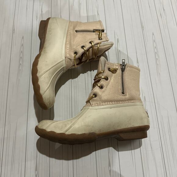 Womens Sperry Top-Sider Saltwater Canvas Rain Boots Oat/Gold Waterproof Rubber - Picture 5 of 8
